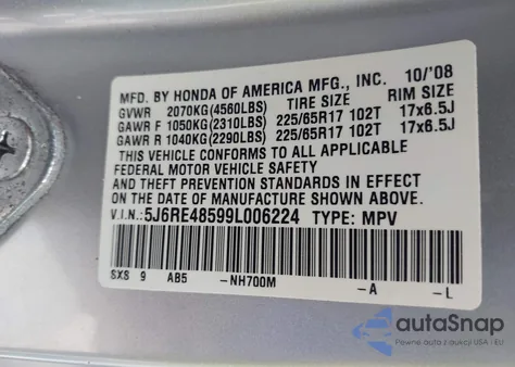 2009 Honda Cr-V Ex z USA, uszkodzony, nr VIN 5J6RE48599L006224